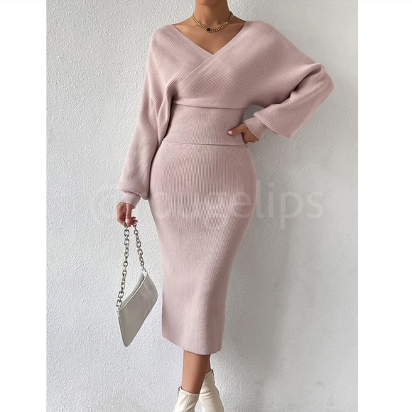2 Piece Set Rib Knit Blush Pink Midi Skirt and V-Neck Pullover Sweater - Picture 6 of 12